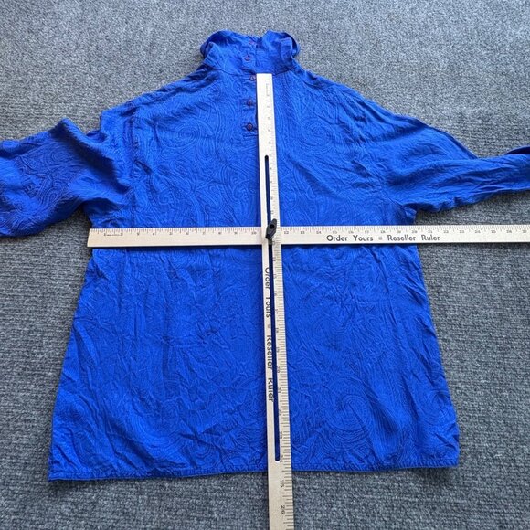 VTG Rafaella Blouse Womens Blue 12 Silk Button Back‎ High Neck Business Classic - Picture 6 of 9